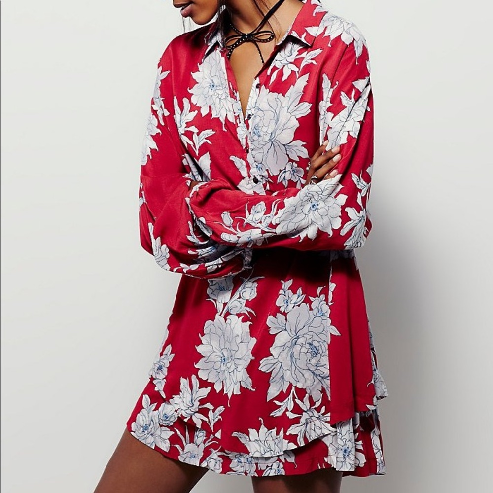 Free People Red Floral Long Sleeve Dress